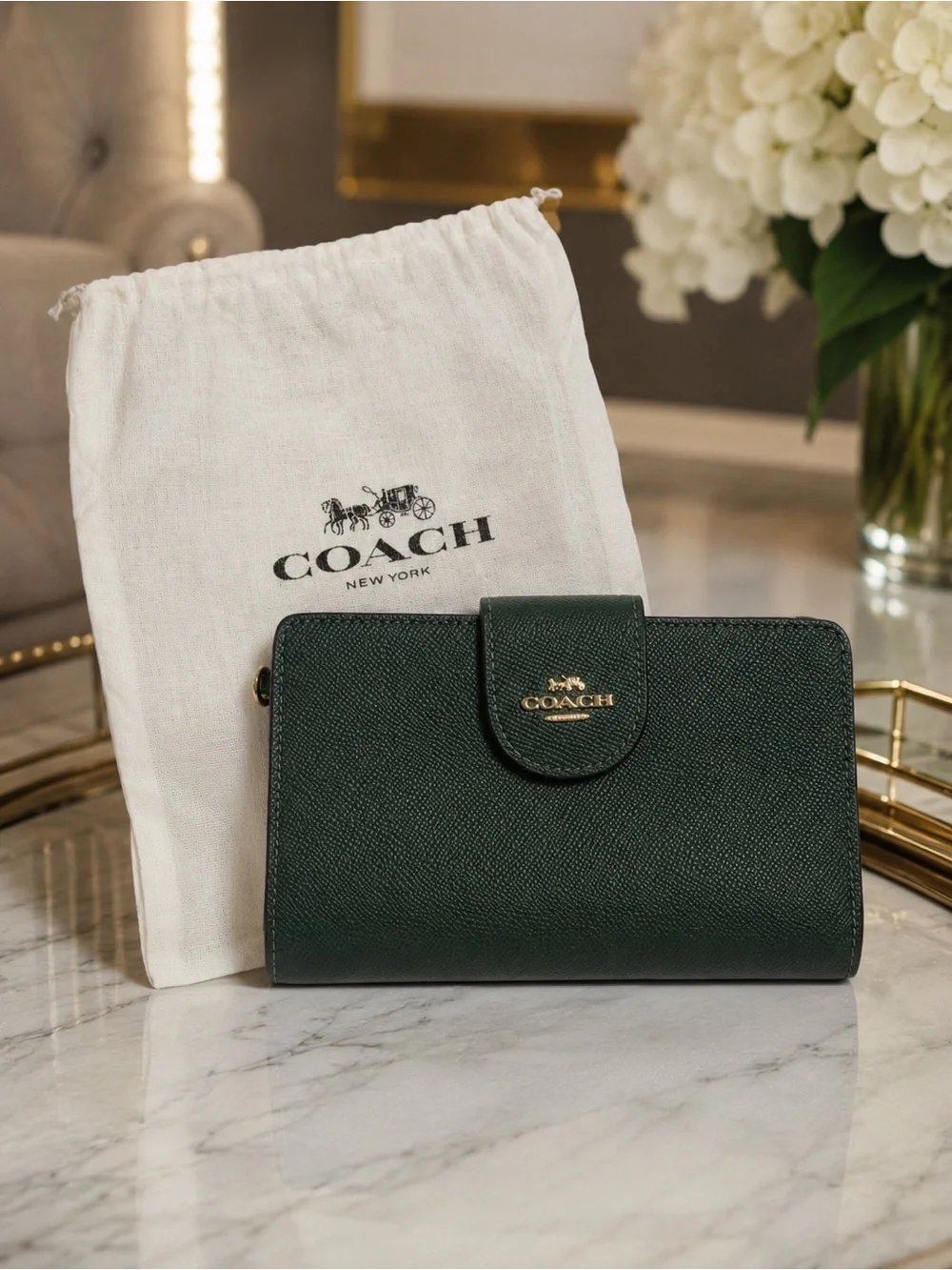 COACH Dark Green Pebbled Leather Wallet with Gold Logo EUC